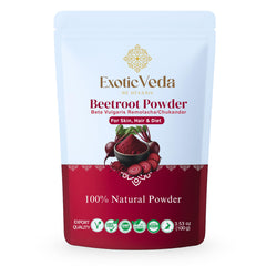 Exotic Veda Beetroot Powder bottle close-up showing vibrant color for smoothies.