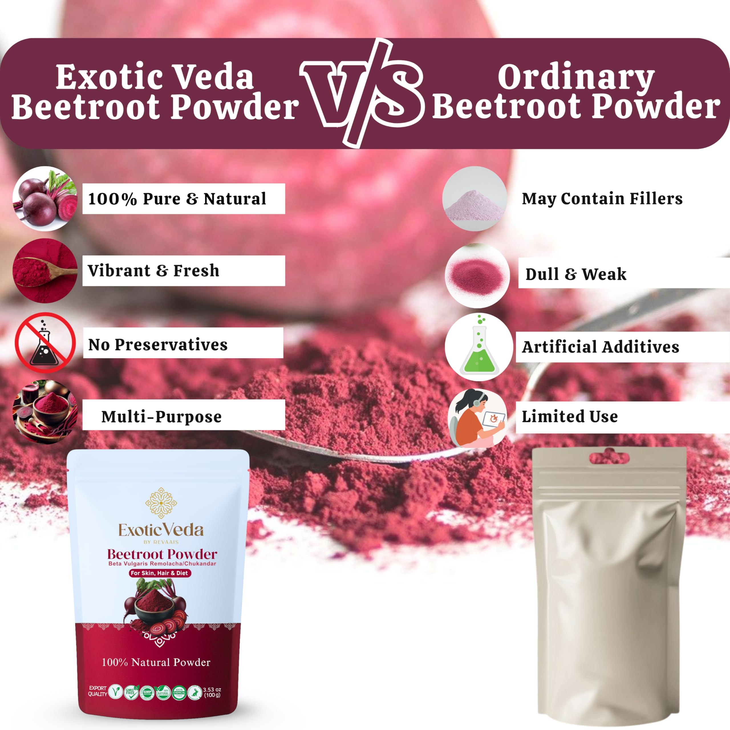 Exotic Veda Beetroot Powder packaging display emphasizing freshness.