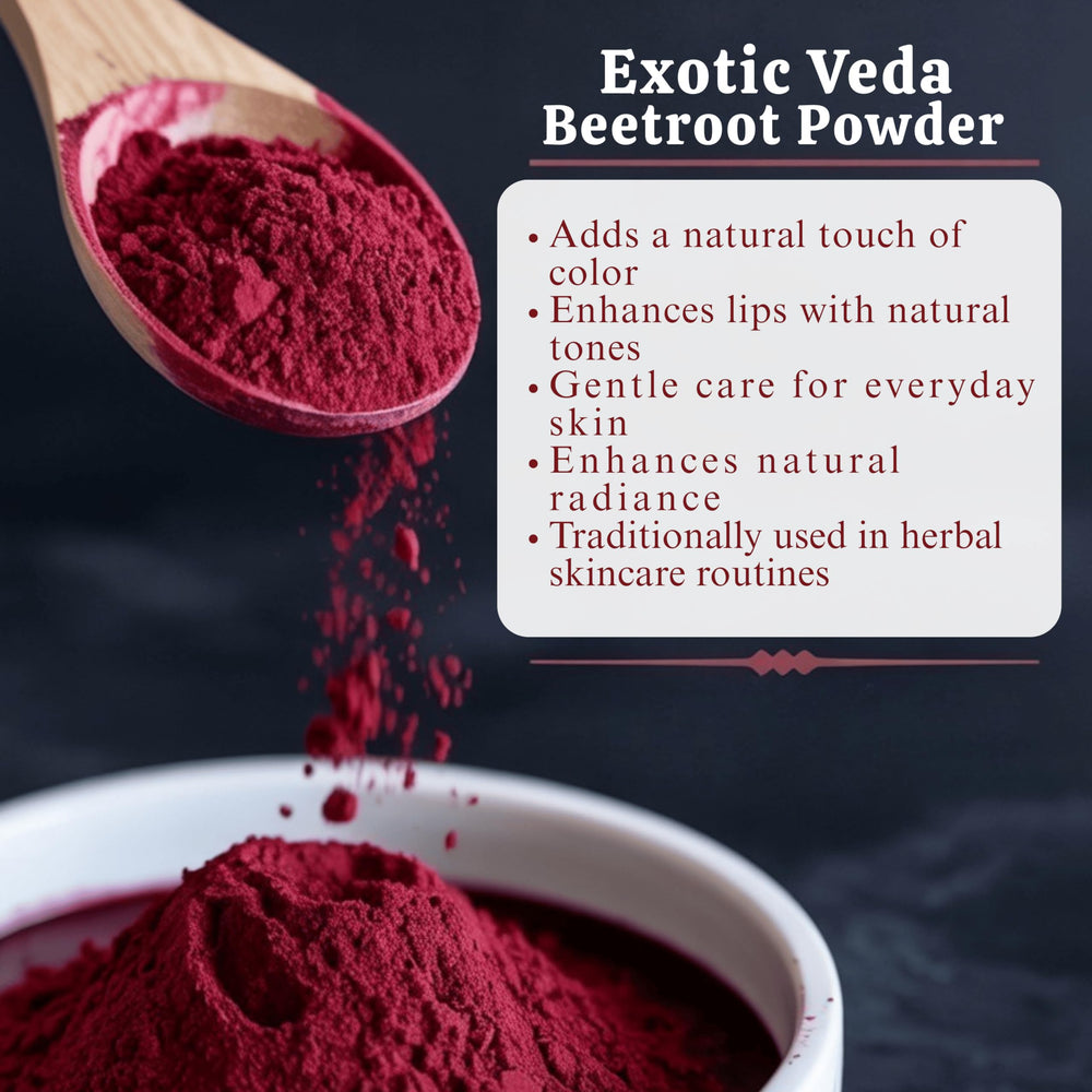 Exotic Veda Beetroot Powder skincare mix for masks and scrubs.