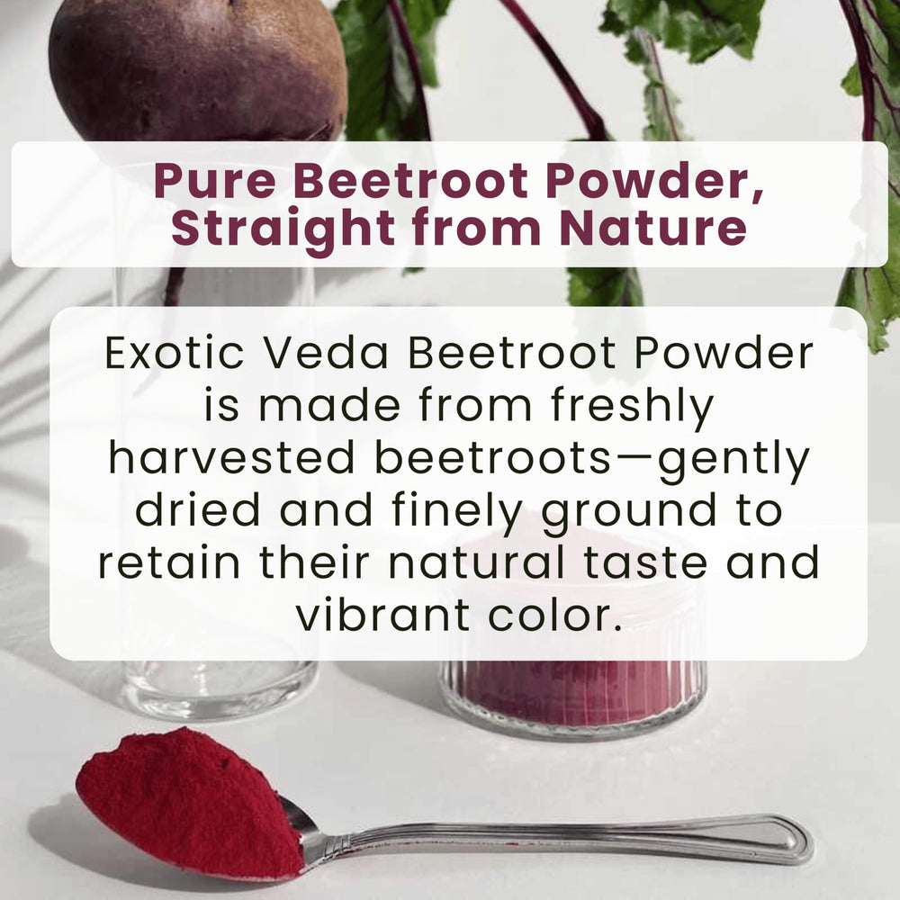 Exotic Veda Beetroot Powder smoothie-mixer highlights deep red hue in drinks.