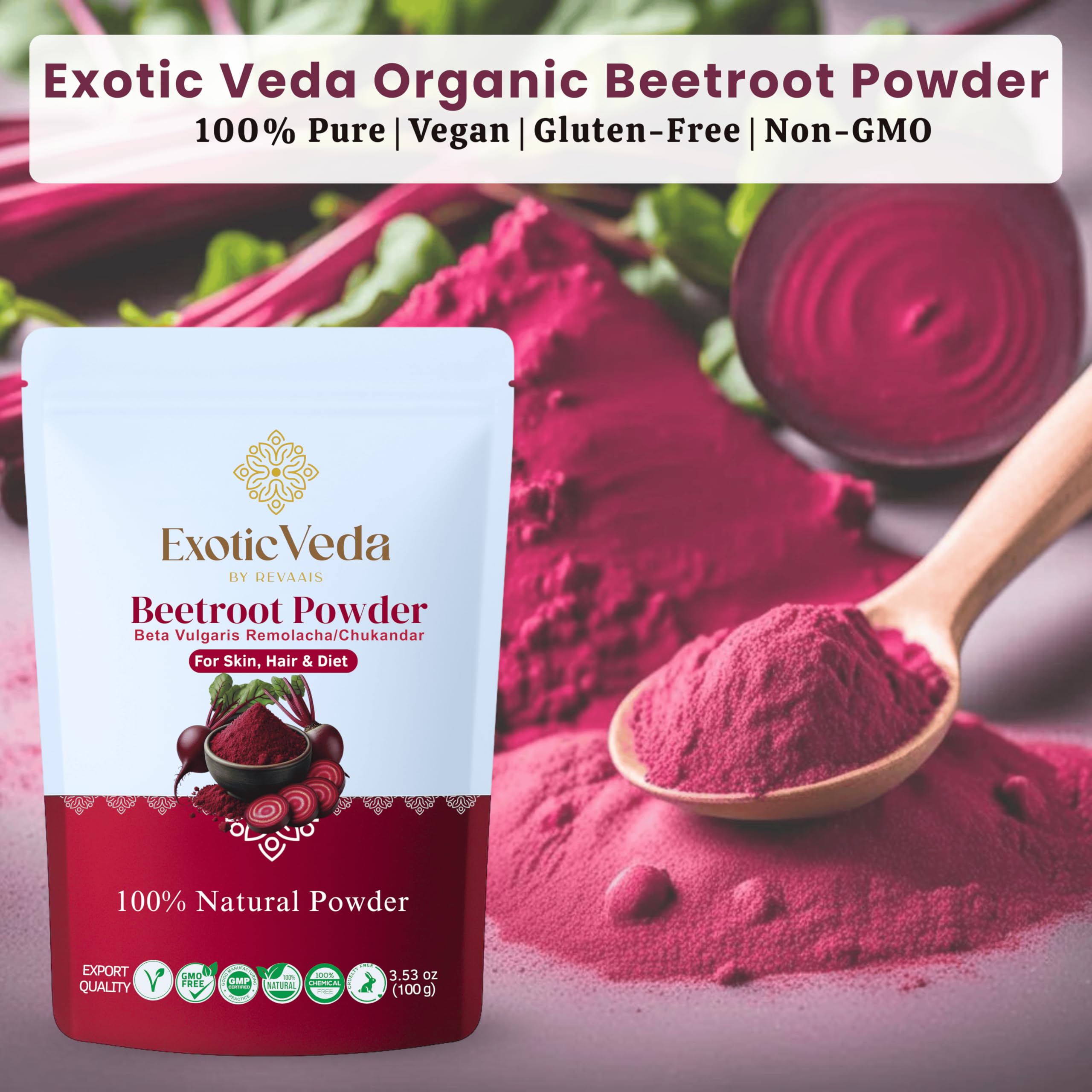 Exotic Veda Beetroot Powder spoon-dispense demonstrates easy-to-use texture for shakes.