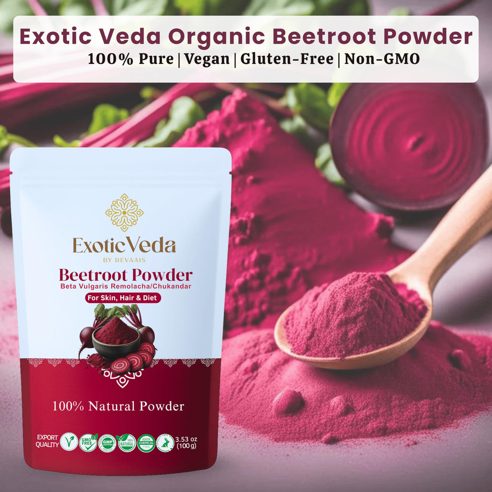 Exotic Veda Beetroot Powder spoon-dispense demonstrates easy-to-use texture for shakes.