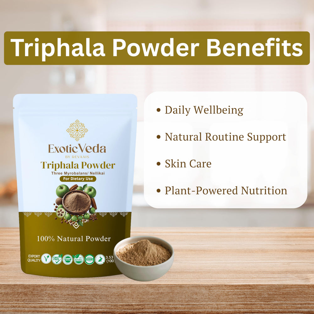 Exotic Veda Triphala powder bottle on kitchen counter, supports digestive routines.