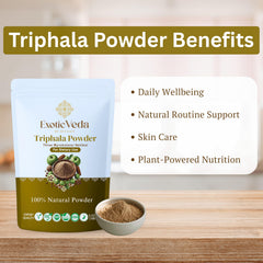 Exotic Veda Triphala powder bottle on kitchen counter, supports digestive routines.