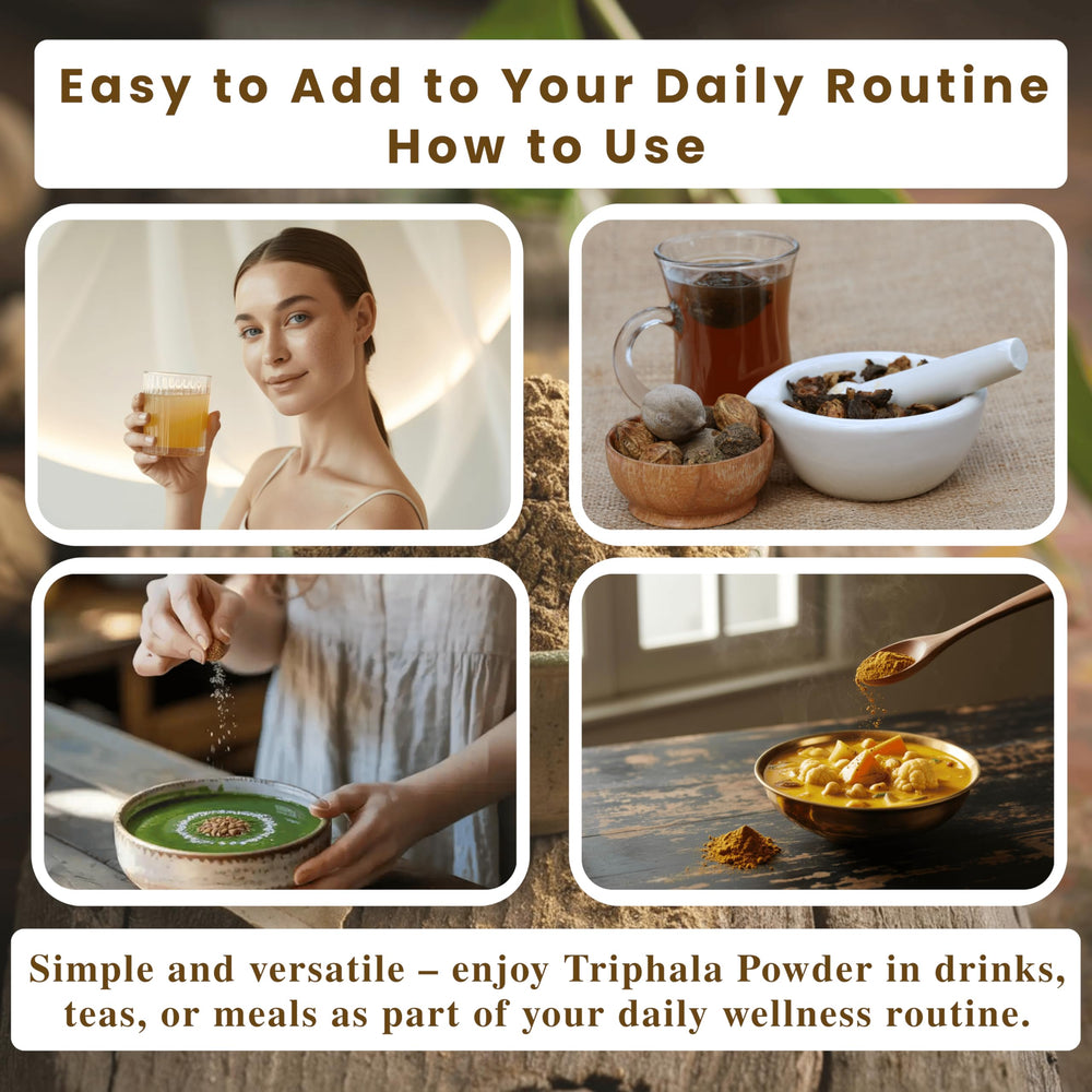 Exotic Veda Triphala powder dissolved in water, hinting at a gentle daily ritual.
