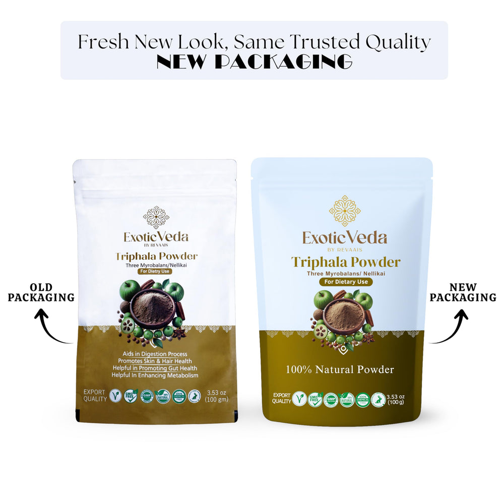 Exotic Veda Triphala powder in smoothie, illustrating versatile daily mix.