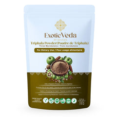 Exotic Veda Triphala powder jar, label visible, suggesting digestive wellness support.