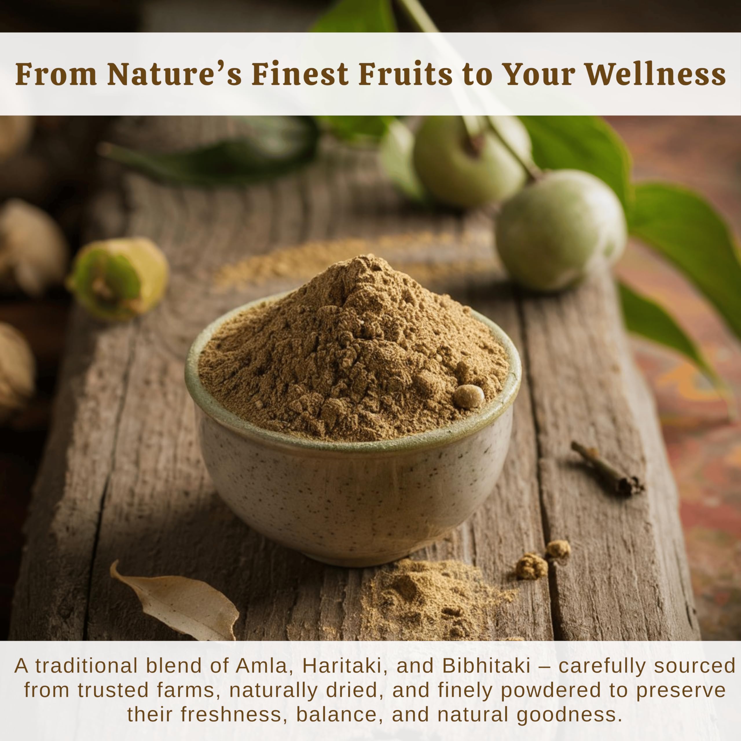 Exotic Veda Triphala powder on measuring spoon, convenient for portion-controlled use.