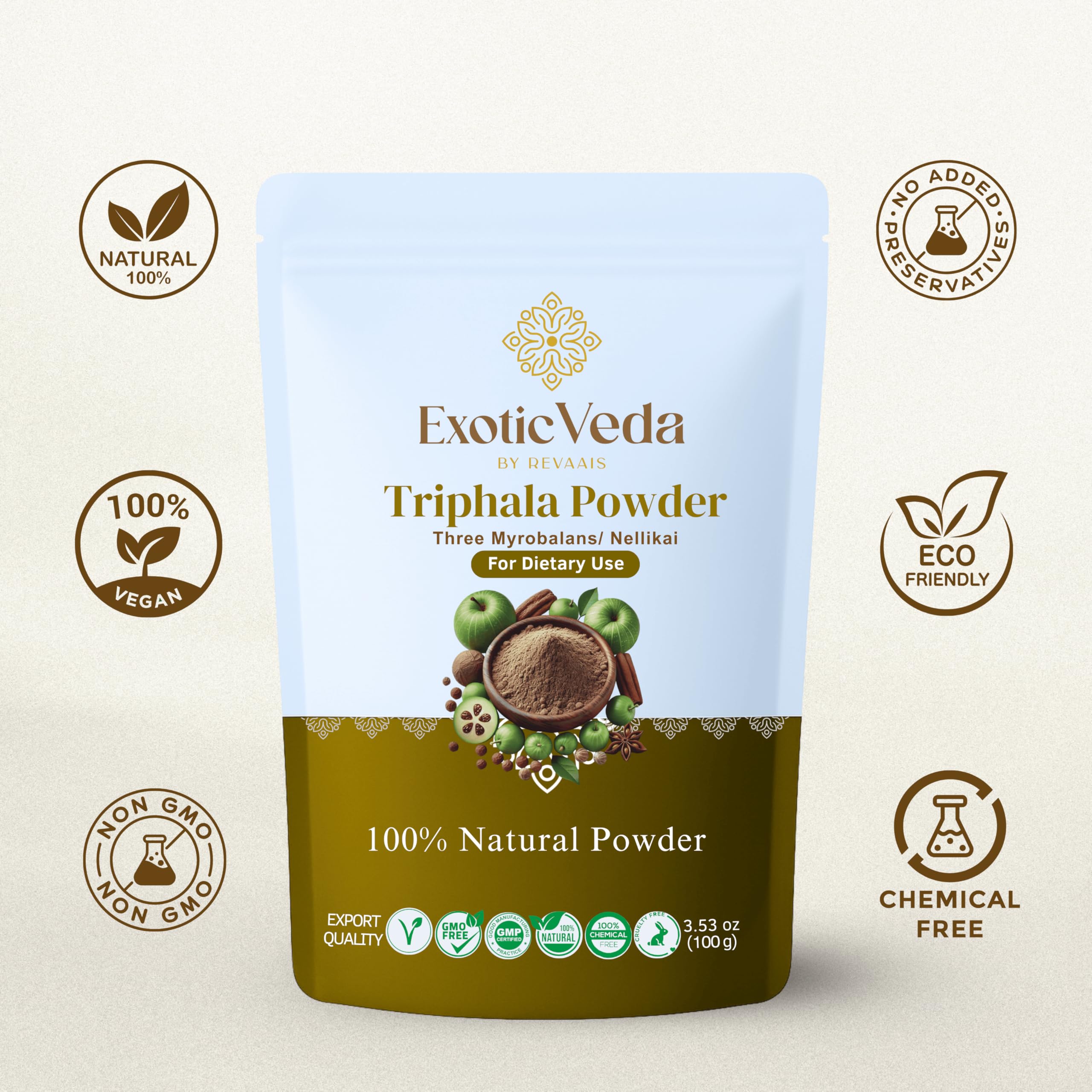 Exotic Veda Triphala powder packaging flatlay, clean label reflects vegan and gluten-free profile.