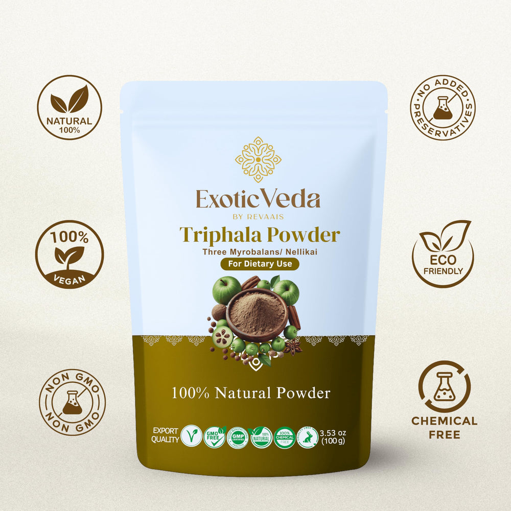 Exotic Veda Triphala powder packaging flatlay, clean label reflects vegan and gluten-free profile.
