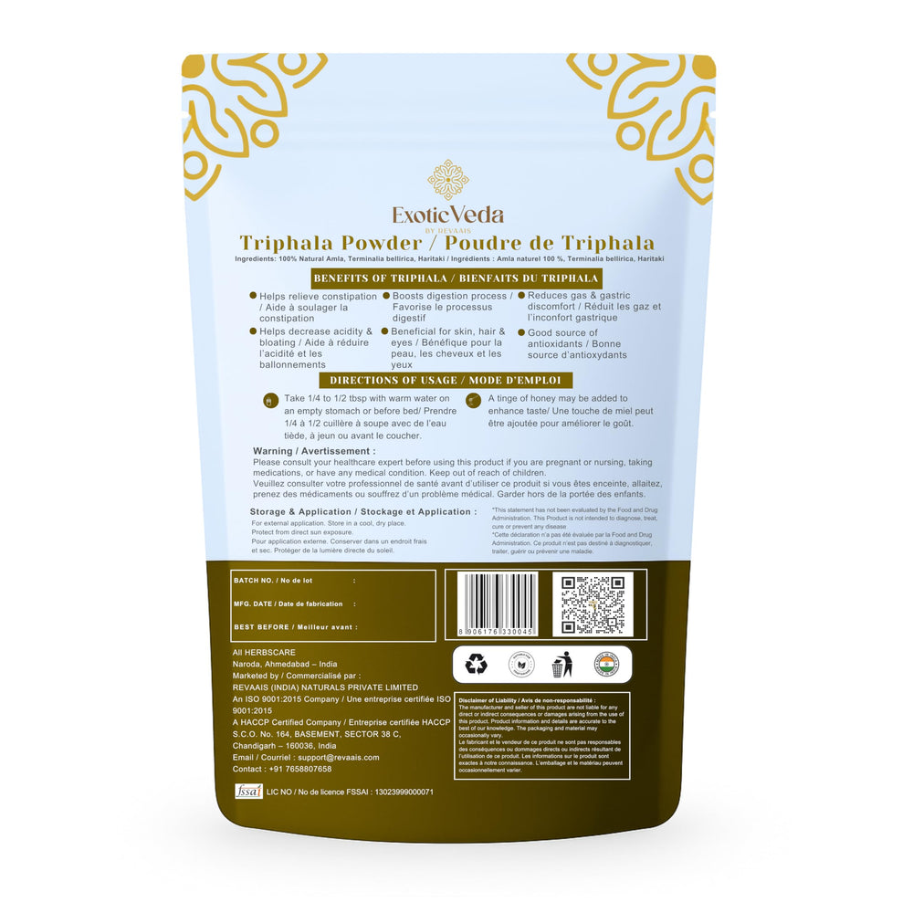 Exotic Veda Triphala powder on a teaspoon, ideal for daily wellness routines.