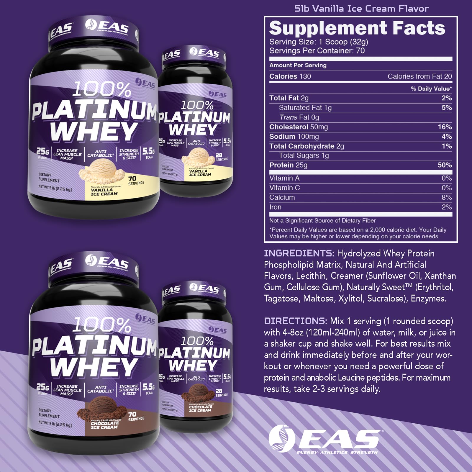 EAS 100% Platinum powder scoop showing 25g protein per serving