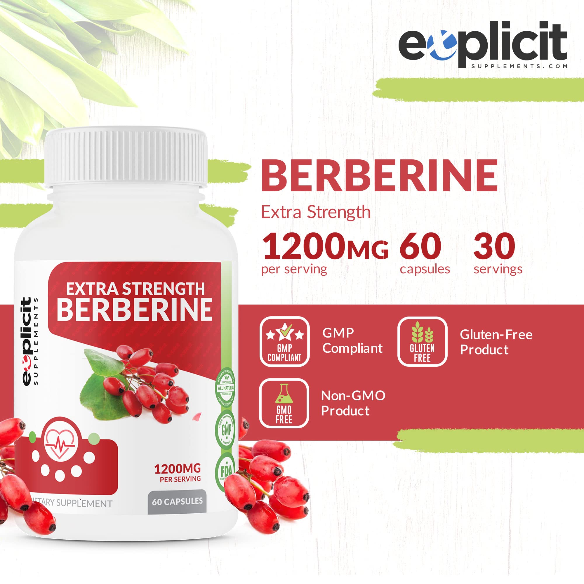 eXplicit Supplements berberine HCl capsules closeup for easy daily use.