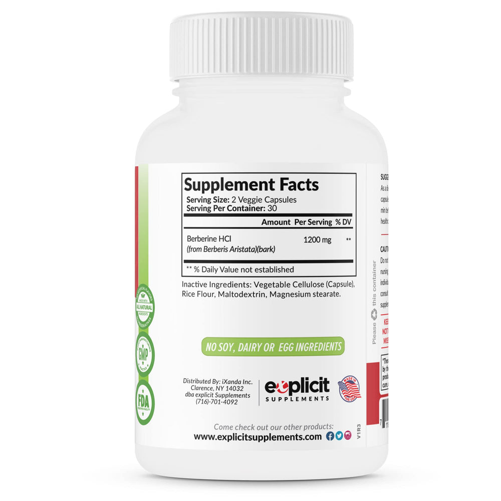 eXplicit Supplements berberine HCl bottle shown for everyday convenience.