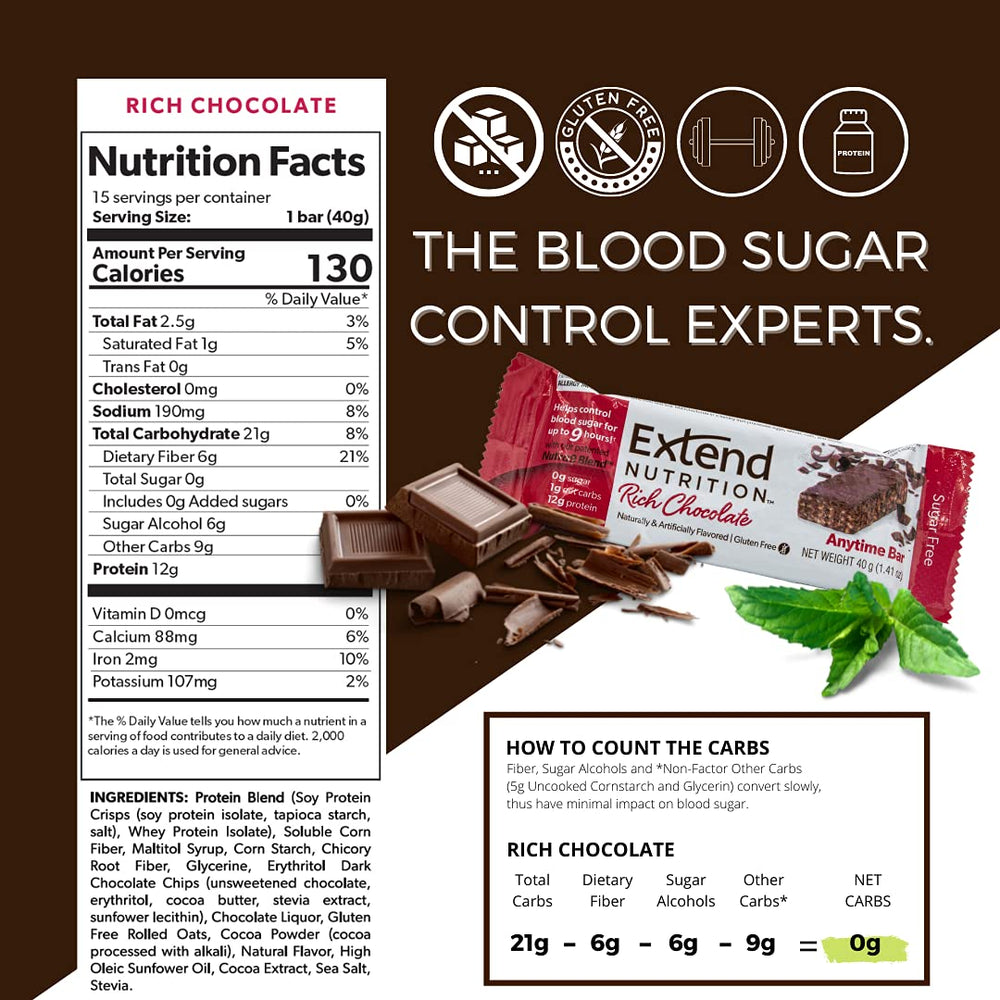 Extend Bar nutrition facts close-up showing 12g protein and 0g sugar