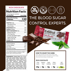 Extend Bar nutrition facts close-up showing 12g protein and 0g sugar