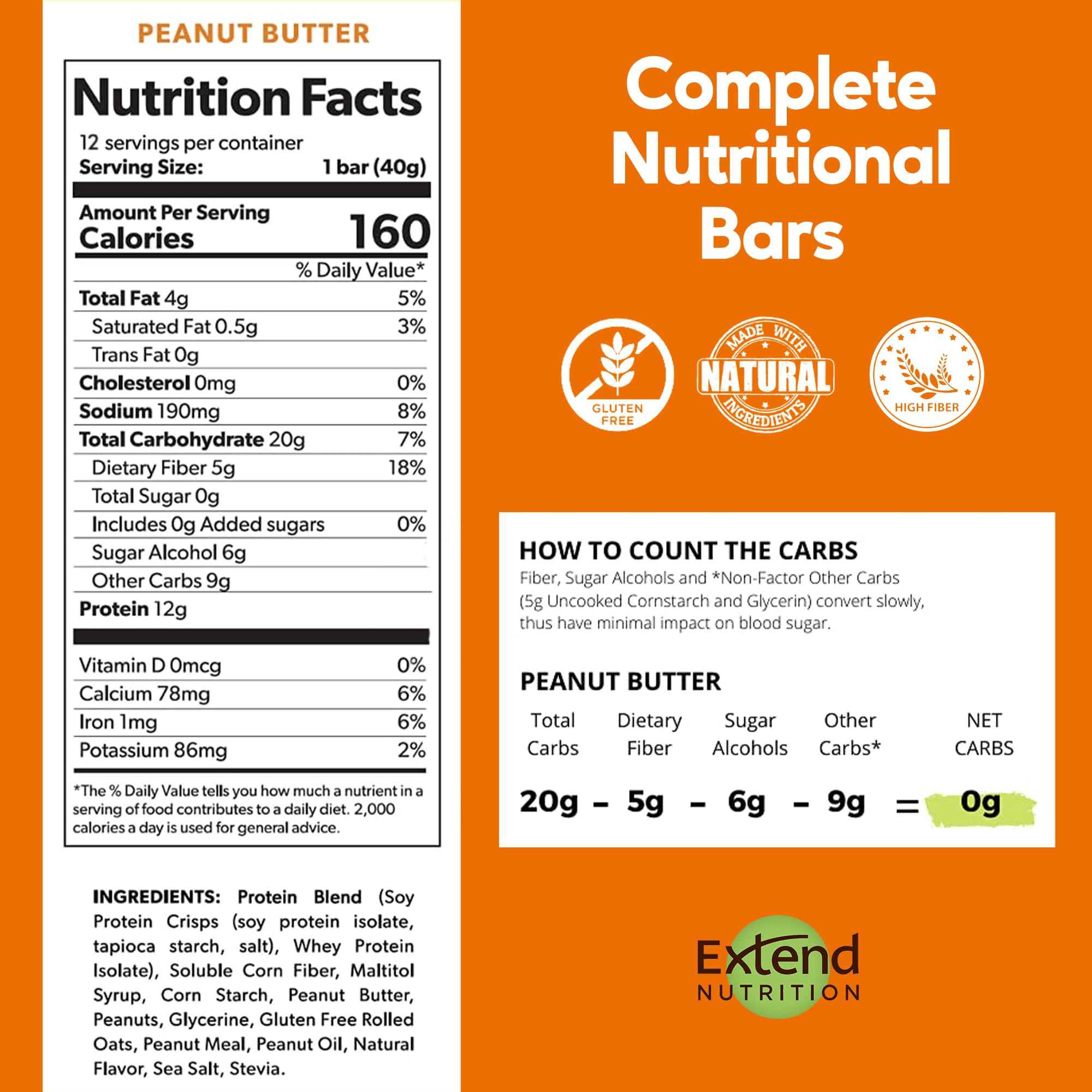 Extend Bar peanut butter sugar-free protein bar pack back – nutrition highlights