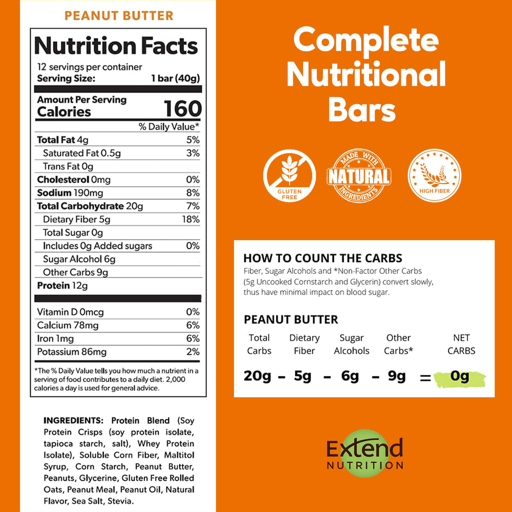 Extend Bar peanut butter sugar-free protein bar pack back – nutrition highlights