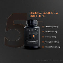 EXUVITAL 5 Mushroom Blend bottle back view shows vegan, clean formula