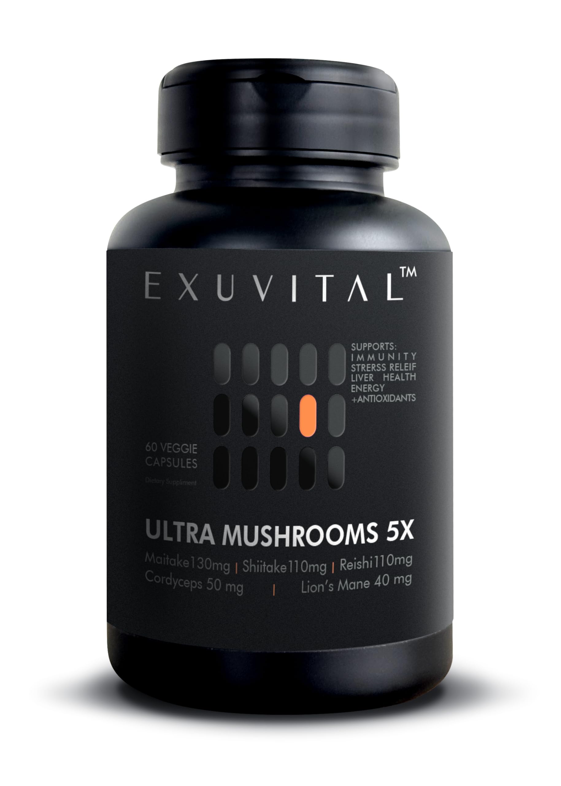 EXUVITAL 5 Mushroom Blend bottle front view for daily energy and balance
