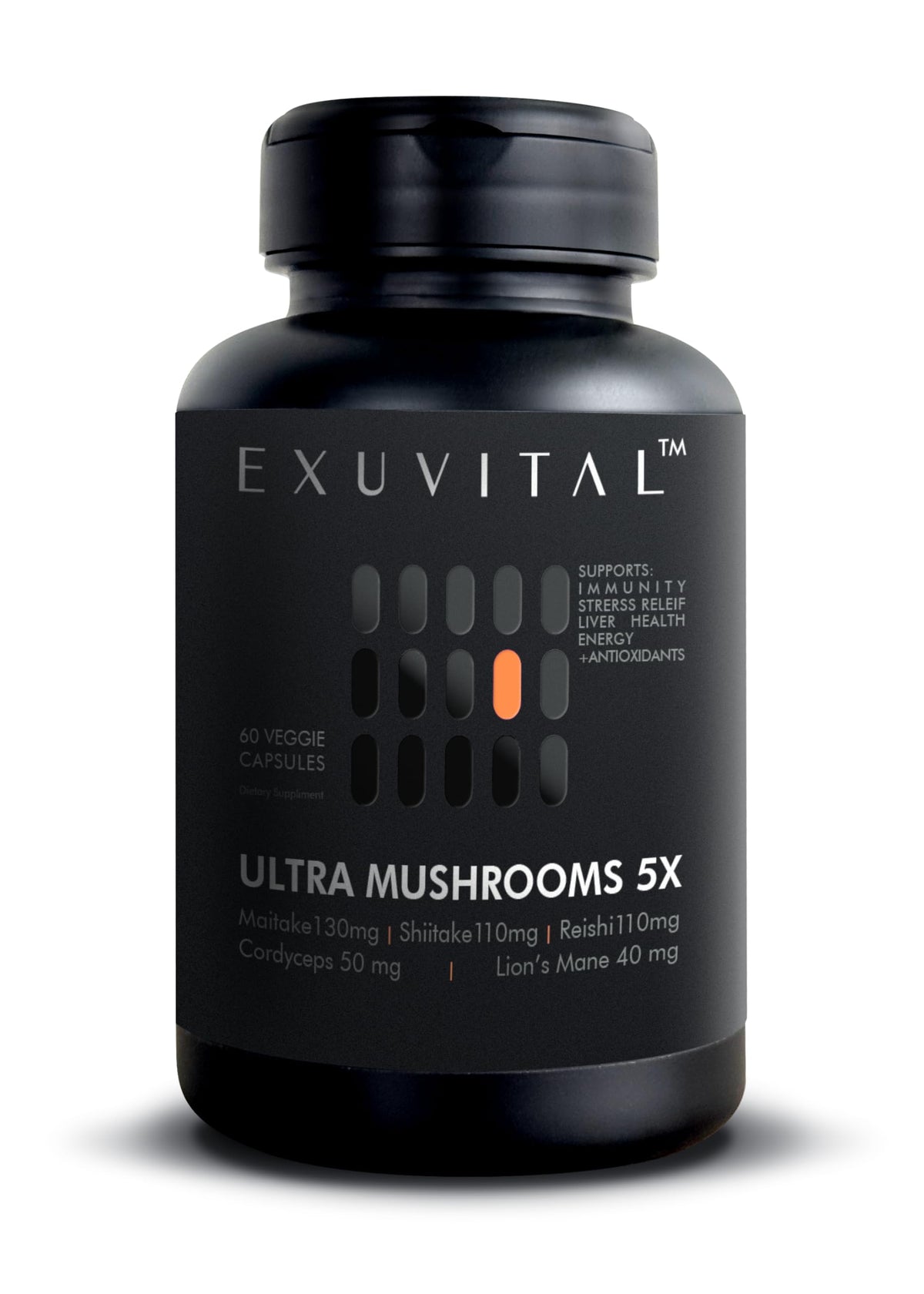 EXUVITAL 5 Mushroom Blend bottle front view for daily energy and balance