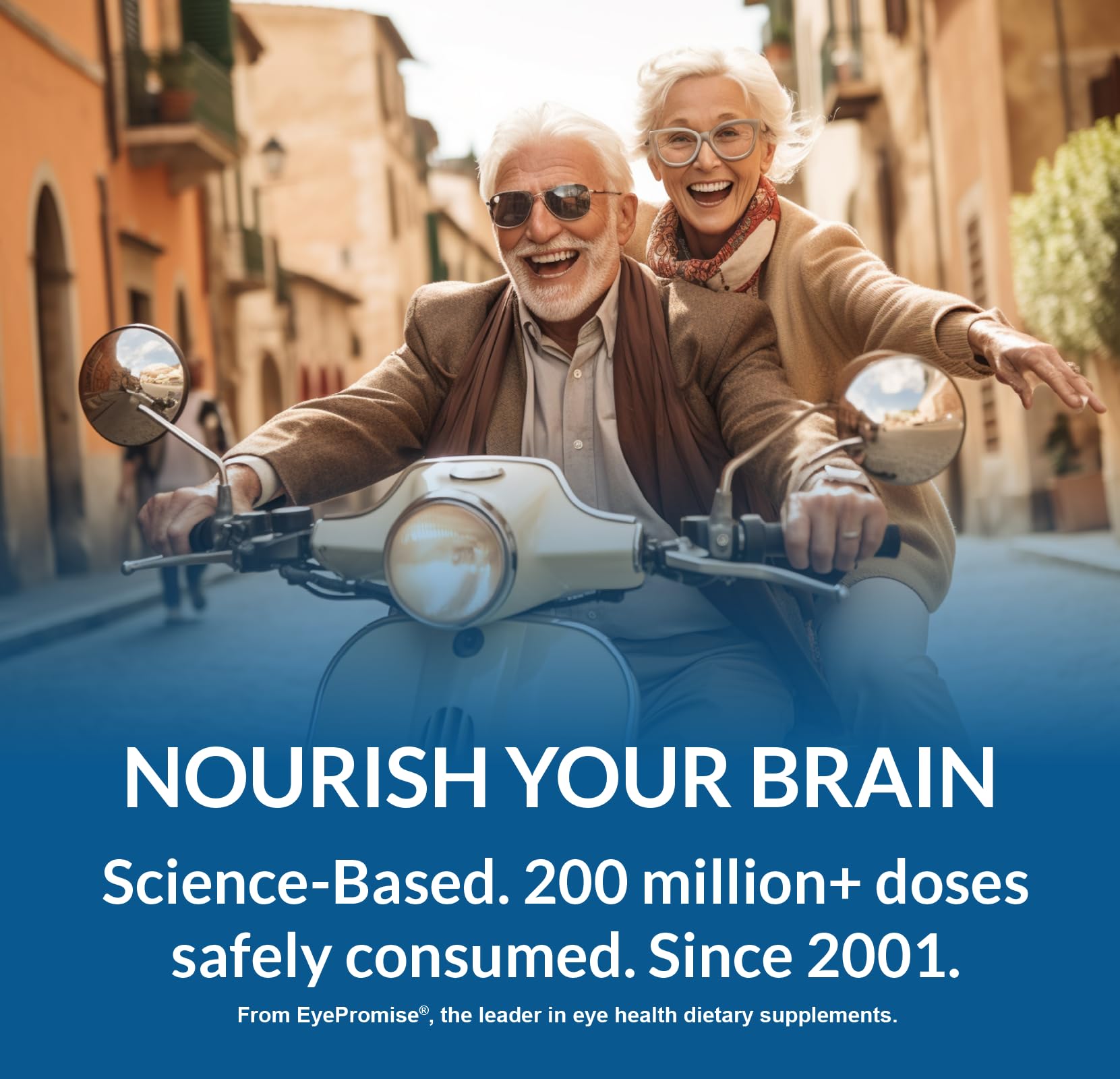 EyePromise BrainPromise bottle label highlights zeaxanthin and lutein rich formula.