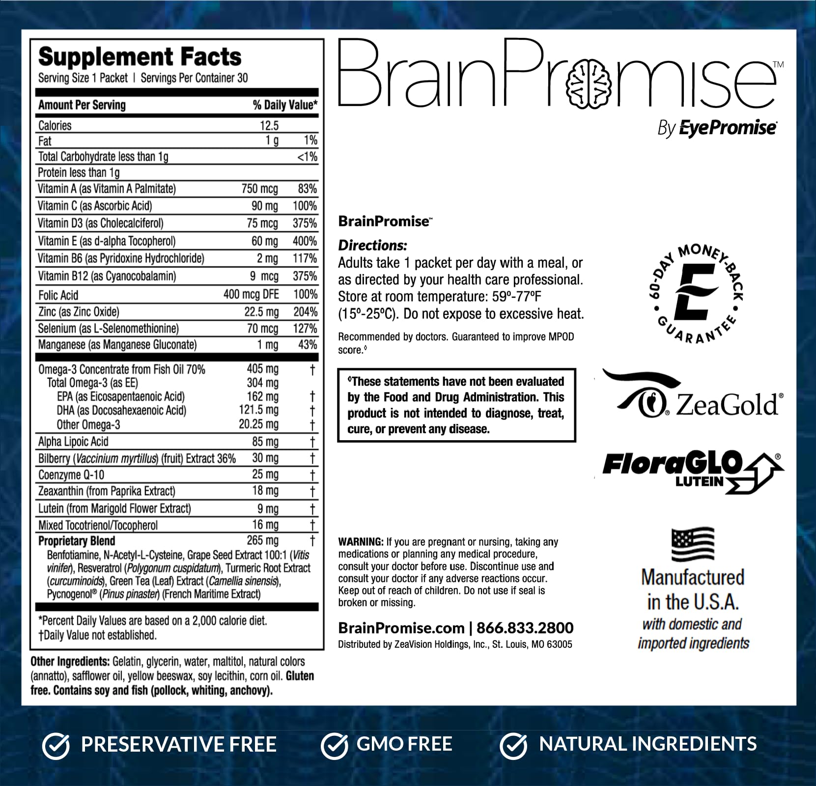 EyePromise BrainPromise softgel closeup shows smooth capsule for easy swallowing.