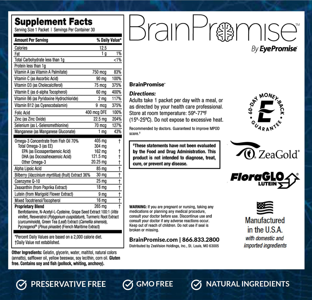 EyePromise BrainPromise softgel closeup shows smooth capsule for easy swallowing.