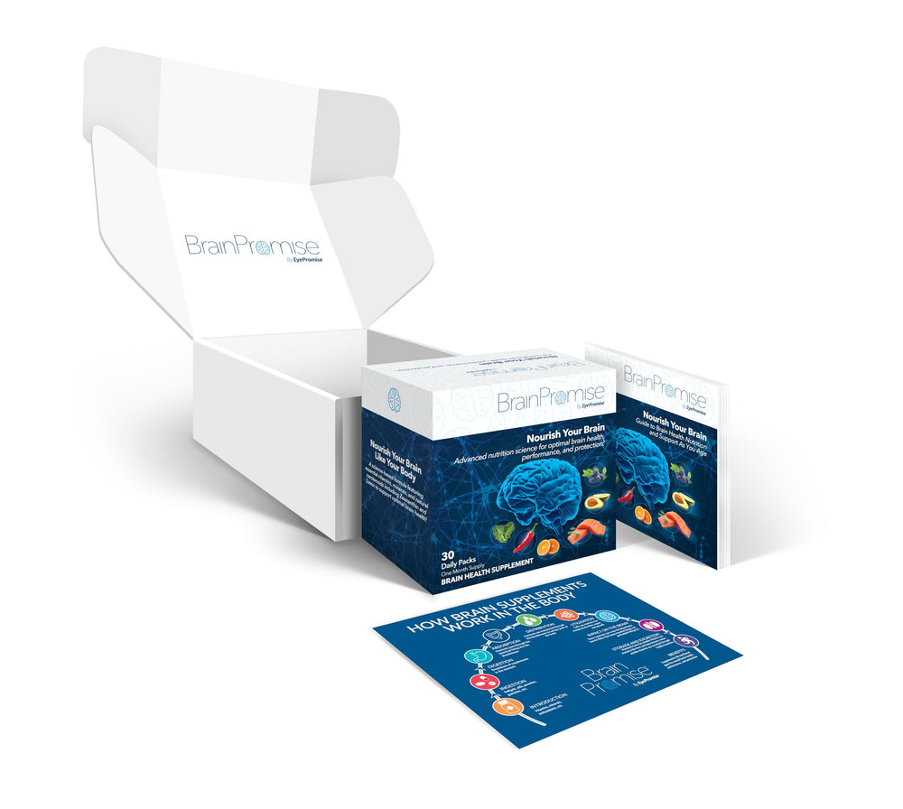 EyePromise BrainPromise study scene emphasizes focus and memory-friendly supplementation.