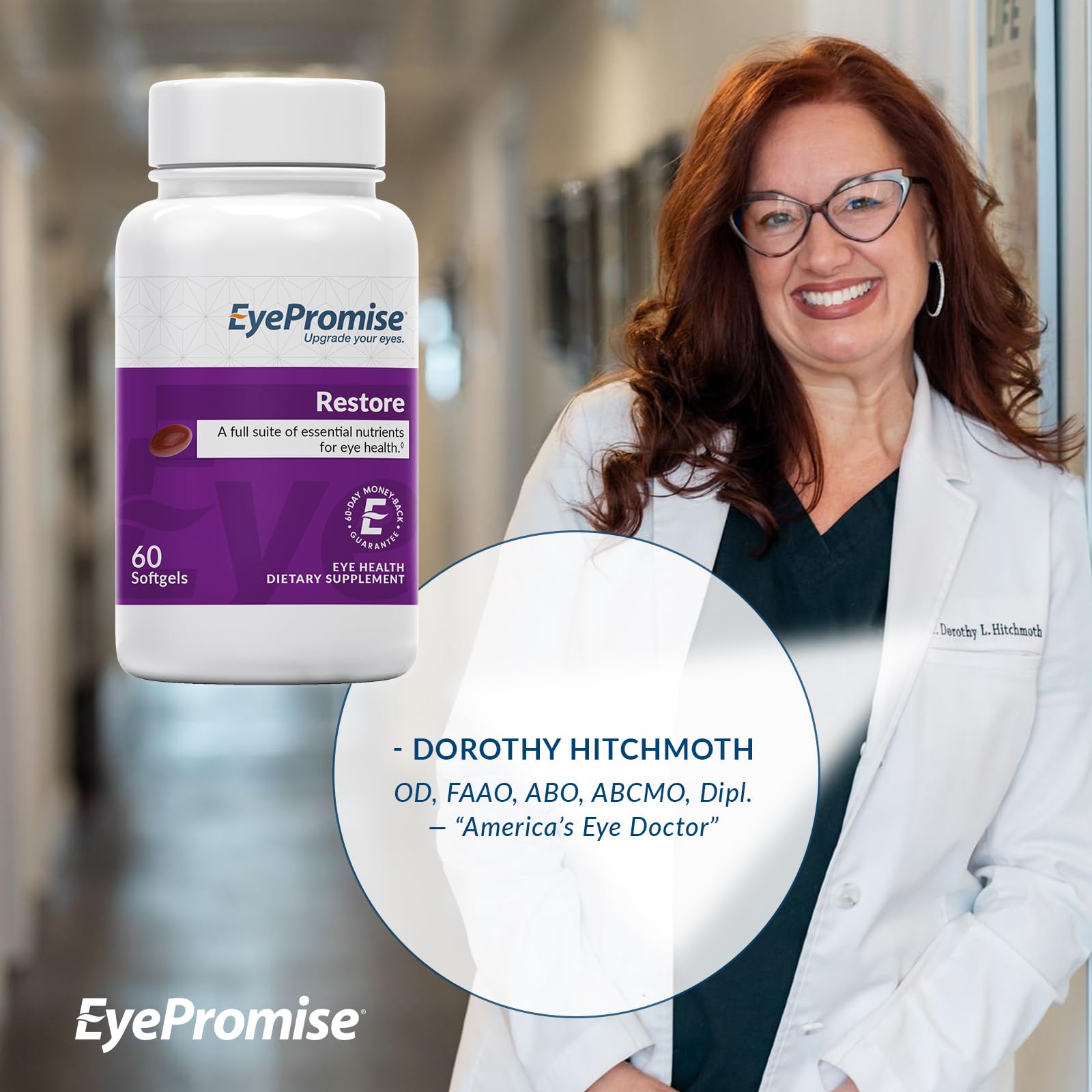 EyePromise Restore bottle label features NSF and GMP certification.