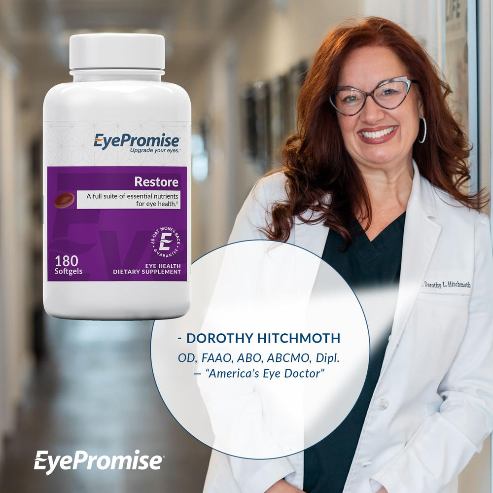 EyePromise Restore omega-3 softgels emphasize EPA and DHA content for eye health.