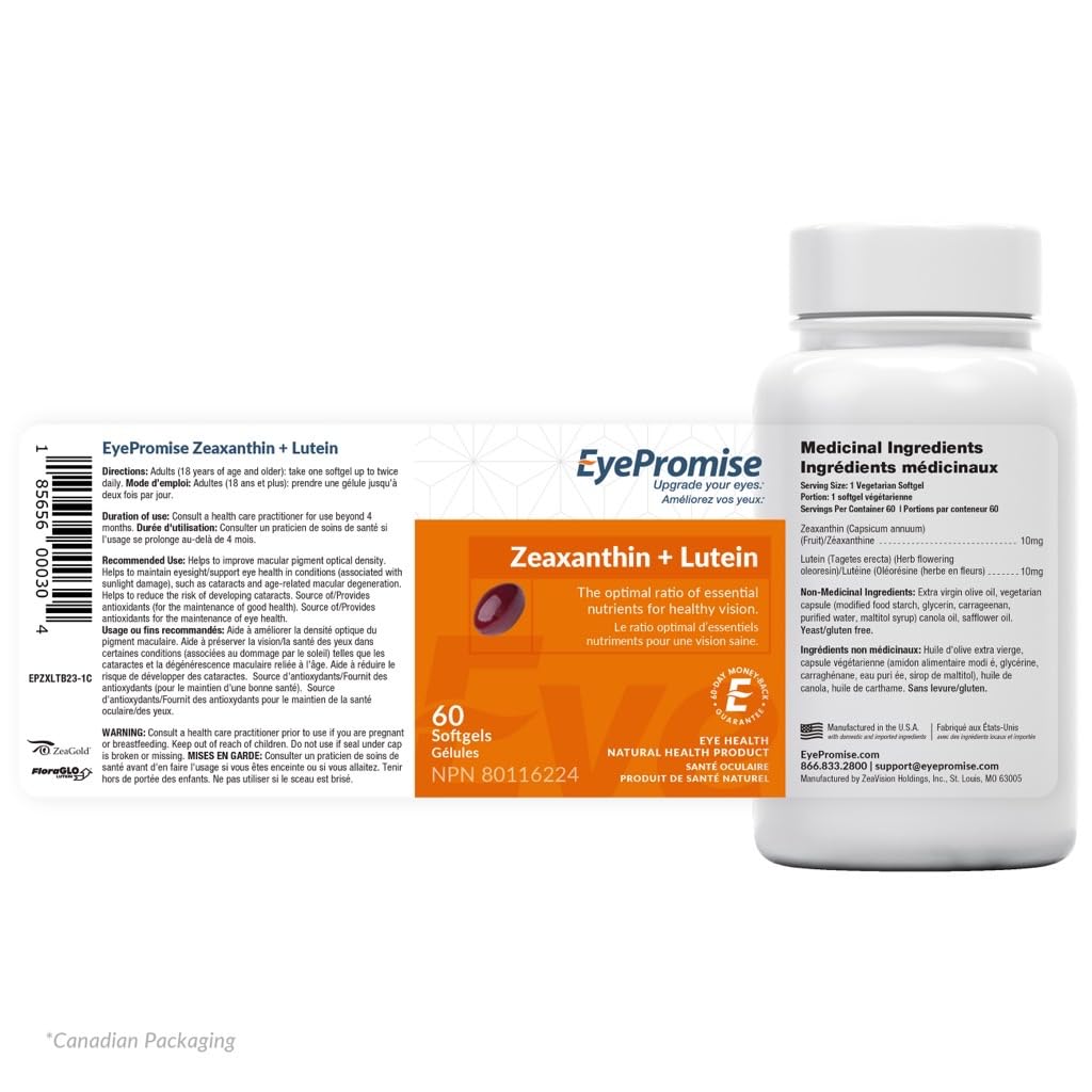 60 softgels in EyePromise Zeaxanthin + Lutein packaging for convenient daily dosage.