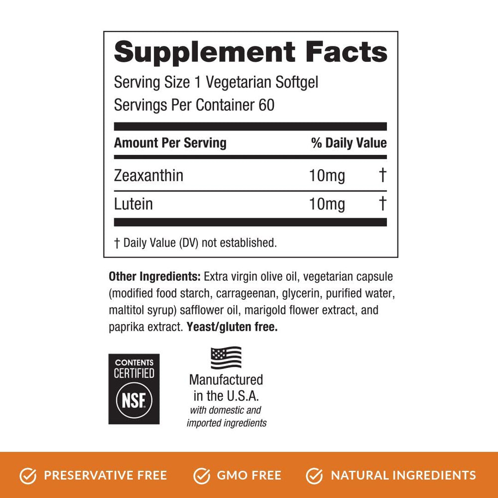 Close-up of EyePromise Zeaxanthin + Lutein capsules with natural ingredients.