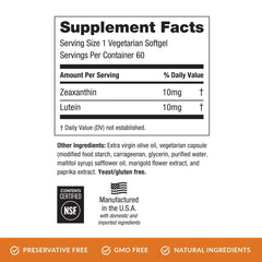 Close-up of EyePromise Zeaxanthin + Lutein capsules with natural ingredients.