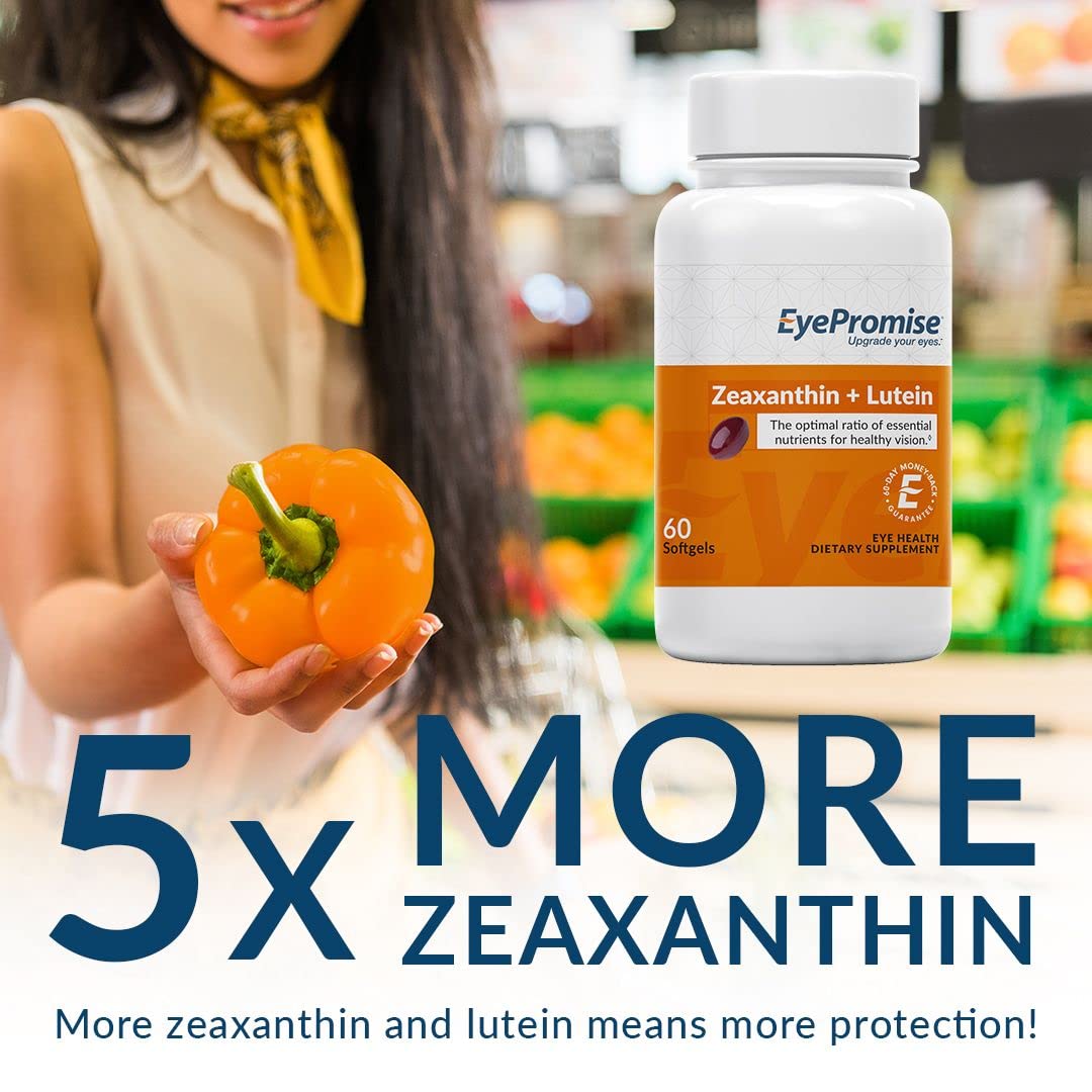 EyePromise Zeaxanthin + Lutein features gluten-free, vegetarian formula on packaging.