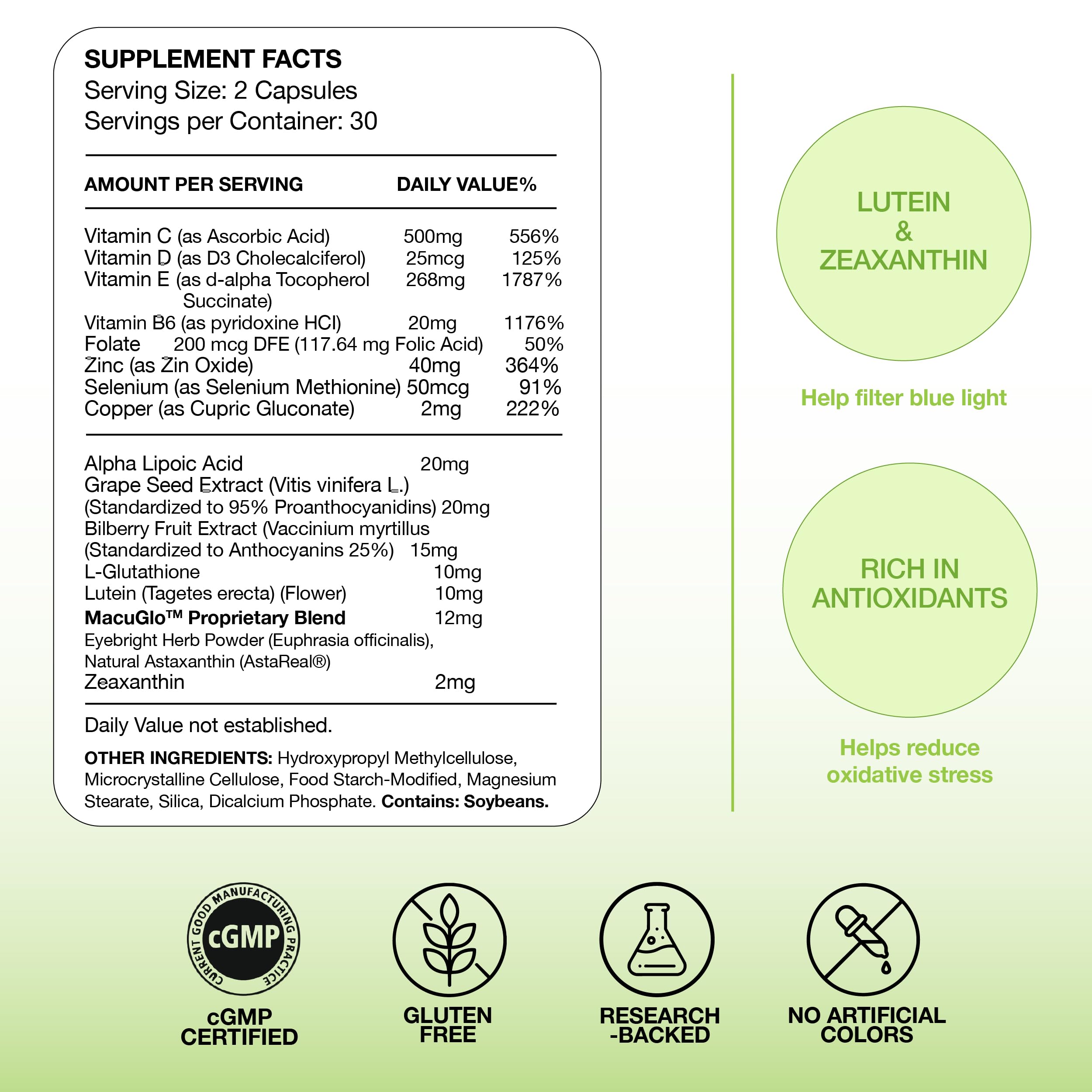 EyeScience Macular Health USA-made label indicating quality manufacturing