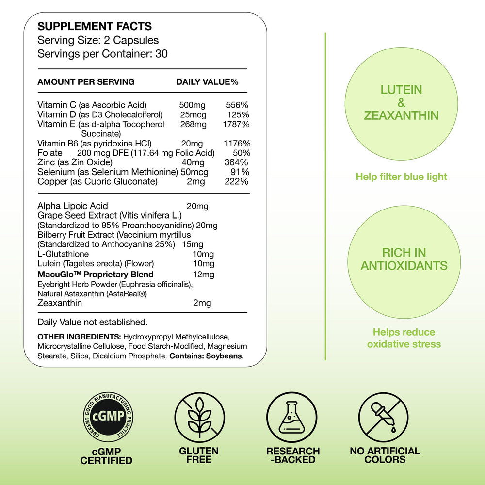 EyeScience Macular Health USA-made label indicating quality manufacturing