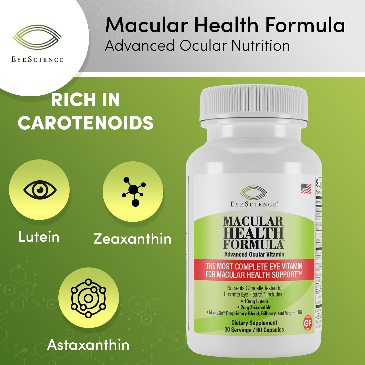 EyeScience omega-3 rich capsules shown as part of the nutrient blend.