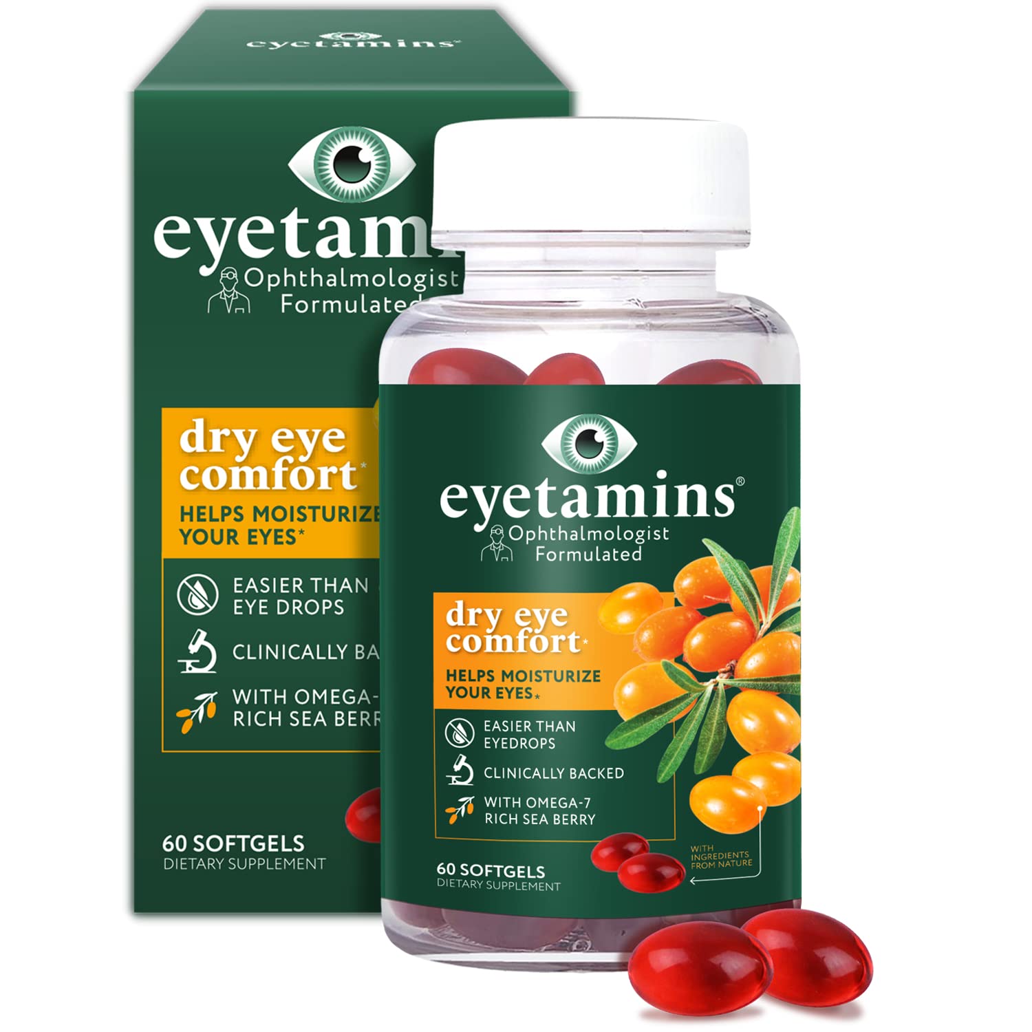eyetamins Dry Eye Comfort bottle on a desk, suggesting convenient daily eye hydration.