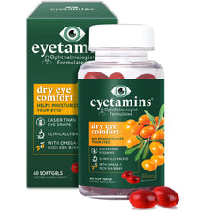 eyetamins Dry Eye Comfort bottle on a desk, suggesting convenient daily eye hydration.
