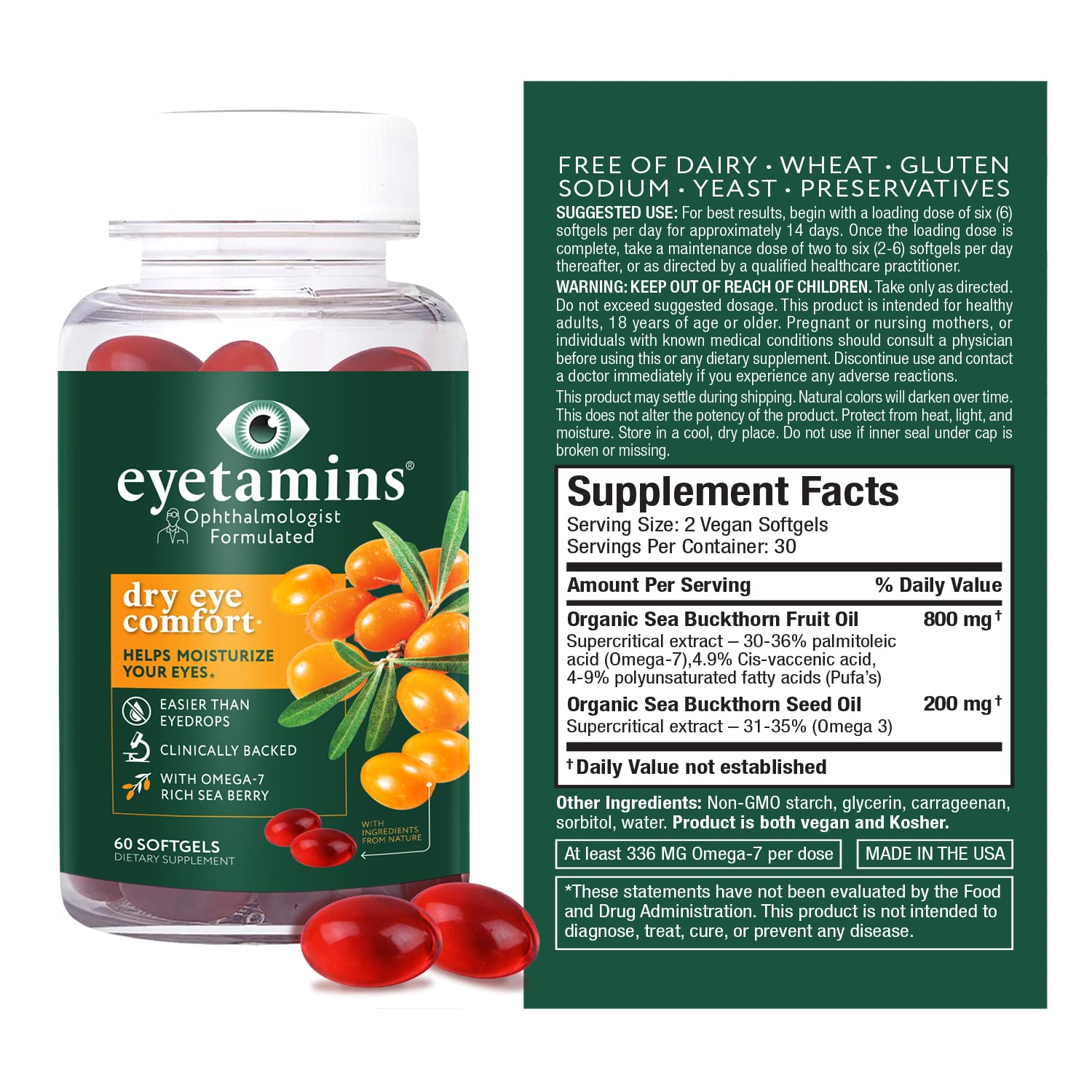eyetamins Dry Eye Comfort label highlights Himalayan Sea Buckthorn and vegan formula.