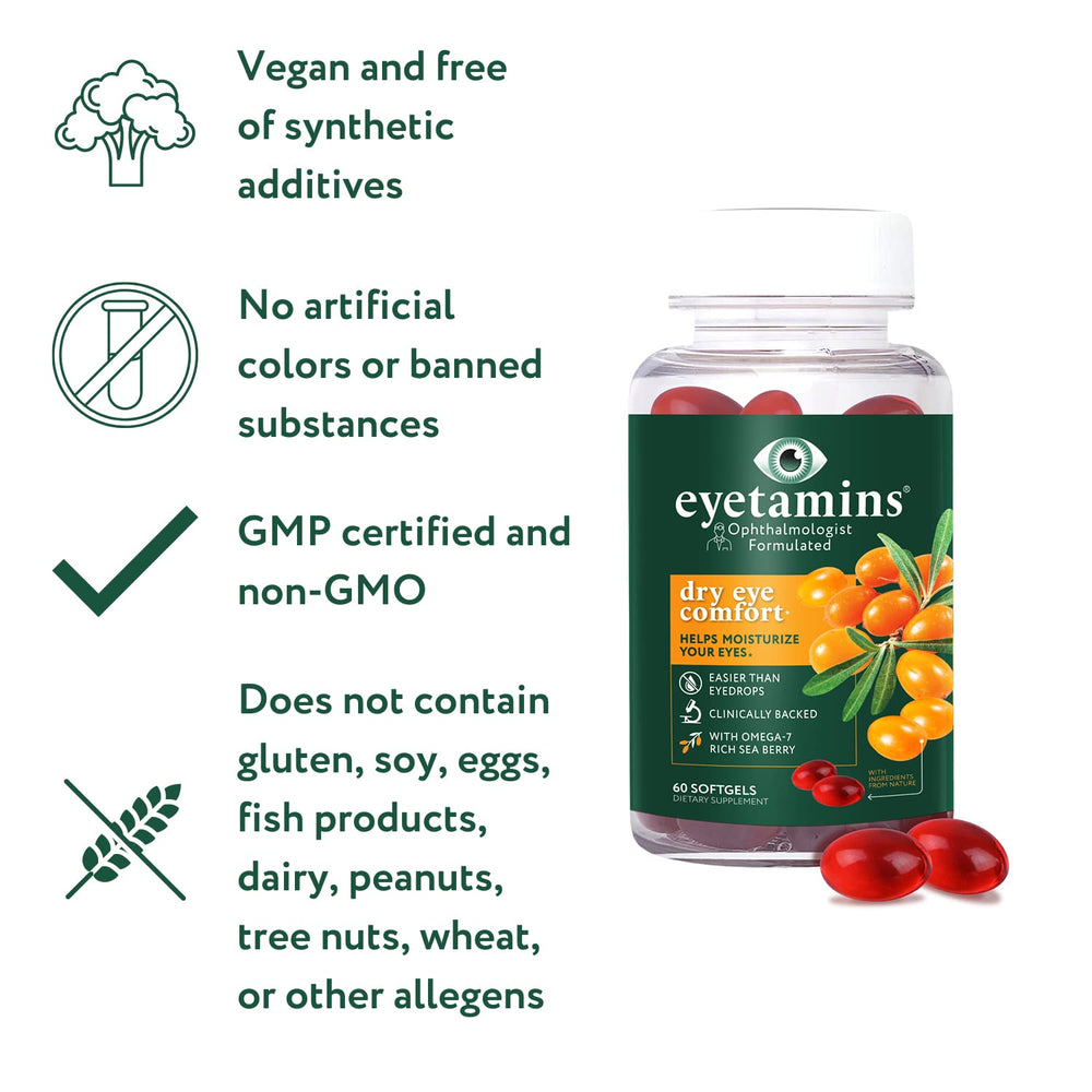 eyetamins Dry Eye Comfort nutrition panel shows bioactive ingredients at a glance.