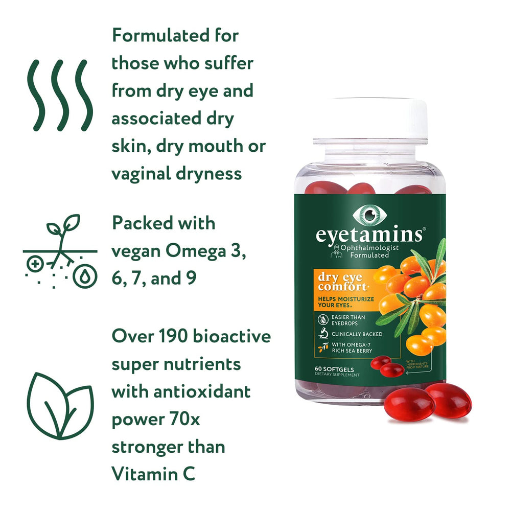 eyetamins Dry Eye Comfort sea buckthorn illustration emphasizes natural nutrient support.