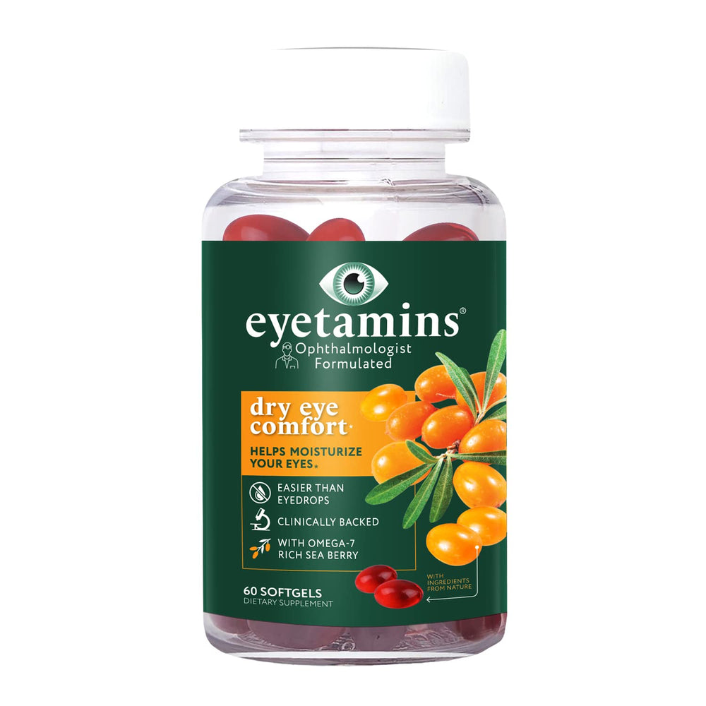 eyetamins Dry Eye Comfort softgels closeup, easy to swallow daily capsules.