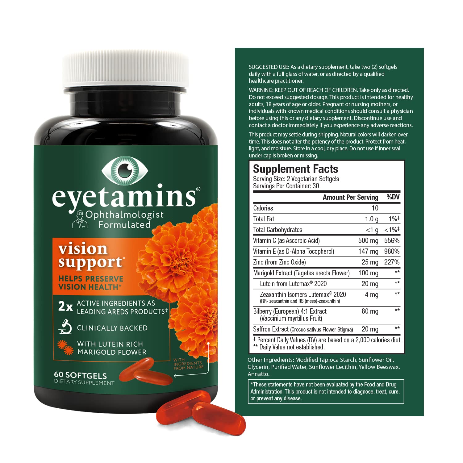 eyetamins Vision Support bottle side label emphasizing vegan and non-GMO ingredients and clean-label quality.