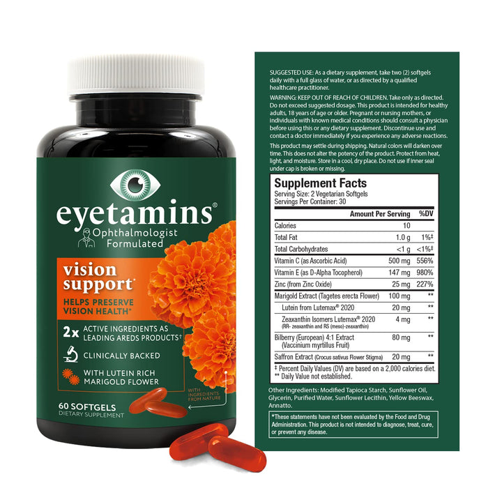 eyetamins Vision Support bottle side label emphasizing vegan and non-GMO ingredients and clean-label quality.