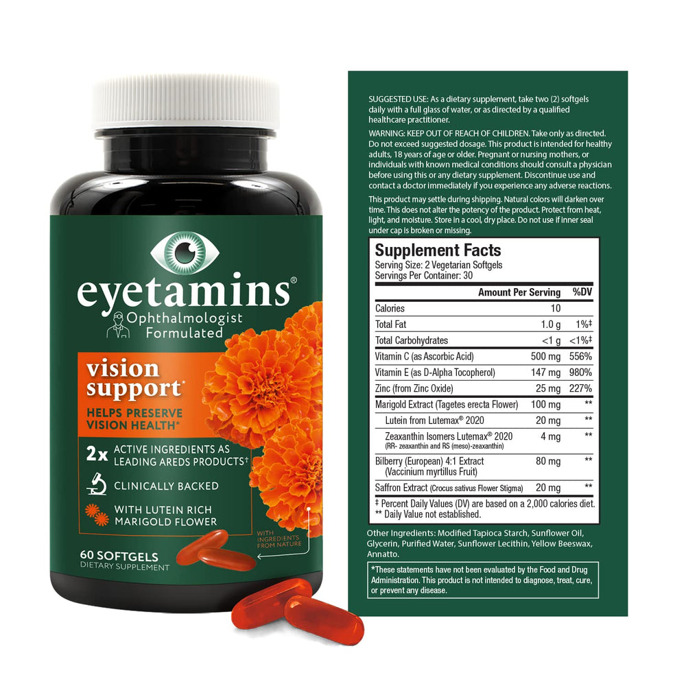 eyetamins Vision Support bottle side label emphasizing vegan and non-GMO ingredients and clean-label quality.
