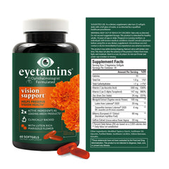 eyetamins Vision Support bottle side label emphasizing vegan and non-GMO ingredients and clean-label quality.