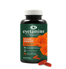 eyetamins Vision Support capsules inside bottle highlighting lutein and zeaxanthin blend for retinal support.