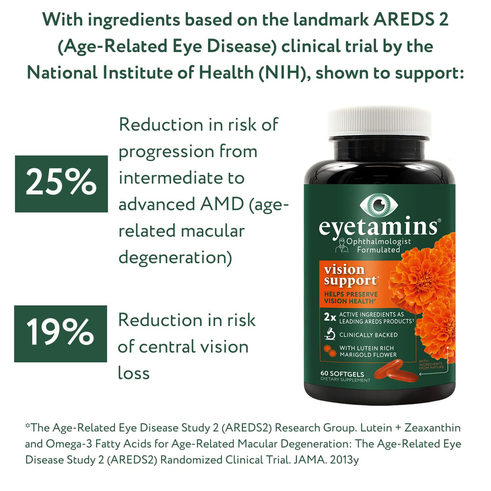 eyetamins Vision Support non-GMO label visible on bottle for transparency and quality control.